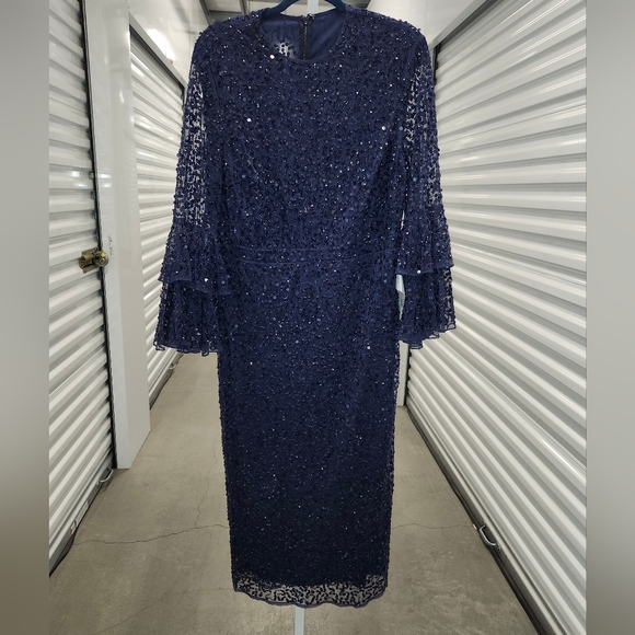 NWT Mac Duggal Fully Sequined Ruffle Tiered Bell Sleeve Midi Dress Navy 14 10802 - Picture 5 of 8